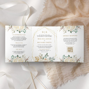 Invitación Tríptica Boda con código QR floral de marfil dorado todo en