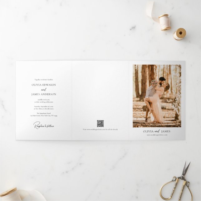 Invitación Tríptica Boda con código QR para detalles RSVP elegante tod (Exterior)