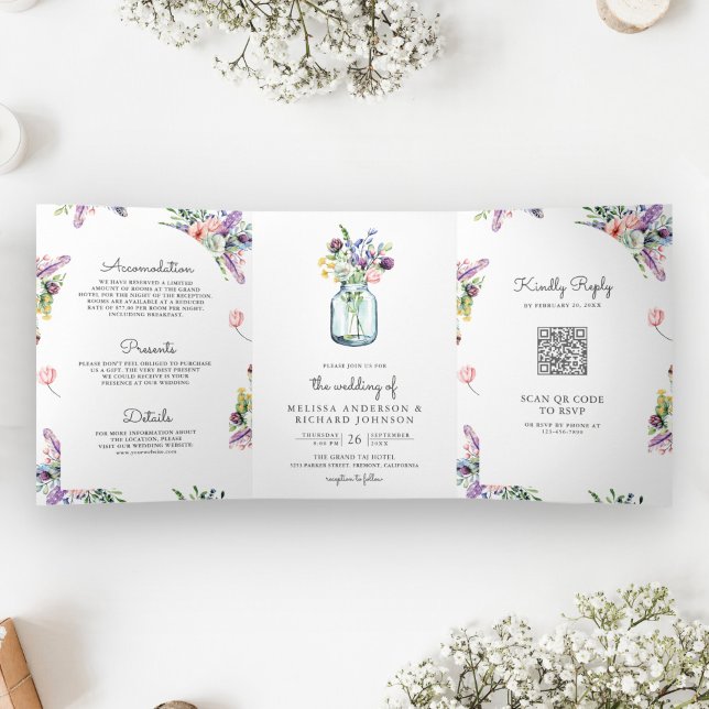 Invitación Tríptica Boda con código QR todo en uno en tarro de Mason d (Subido por el creador)