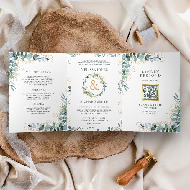 Invitación Tríptica Boda con código QR todo en uno rústico de eucalipt (Subido por el creador)
