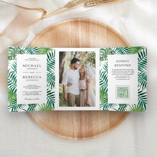 Invitación Tríptica Boda con código QR tropical de hojas de palma blan (Subido por el creador)