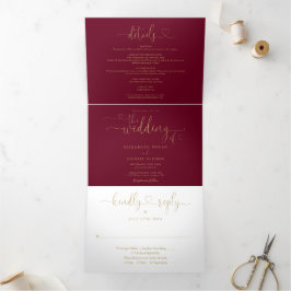 Invitación Tríptica Boda con Corazón en Guión de Borgoña y Dorado