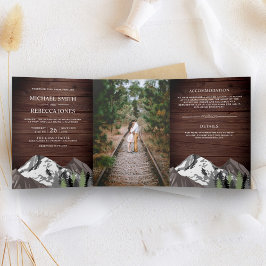 Invitación Tríptica Boda con Foto de Bosque de Montaña de Madera Rústi