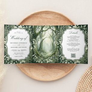 Invitación Tríptica Boda con foto de código QR del bosque encantado ac