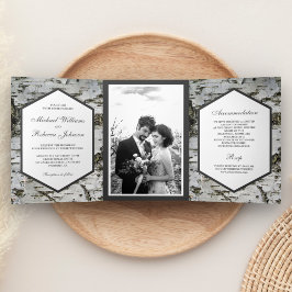 Invitación Tríptica Boda con foto de corteza de abedul en el campo rús