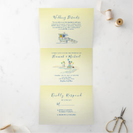 Invitación Tríptica Boda con Foto de Playa Retro