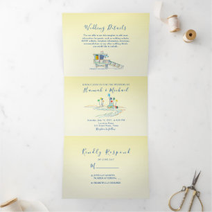 Invitación Tríptica Boda con Foto de Playa Retro
