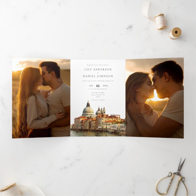 Invitación Tríptica Boda con foto QR Code 3 de Venecia Italia (Interior)