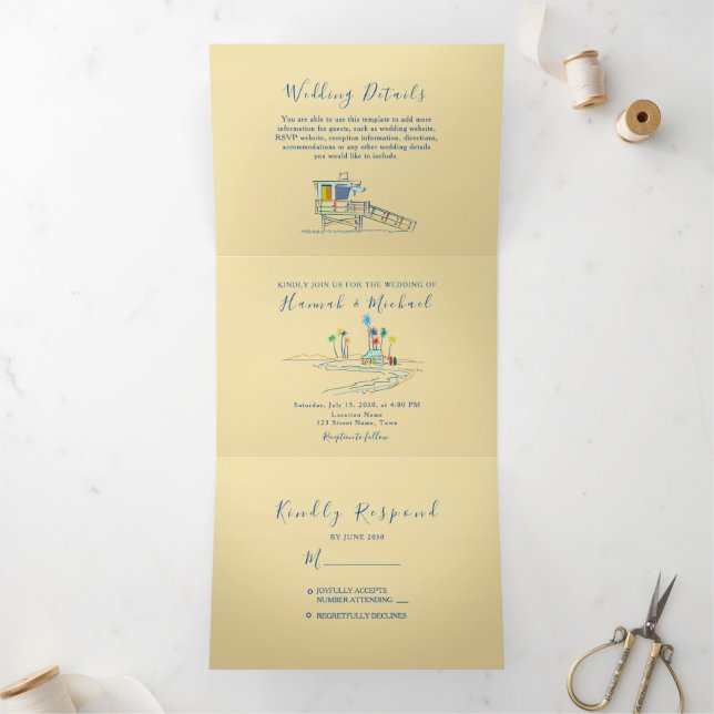 Invitación Tríptica Boda con Foto Retro de Playa (Interior)