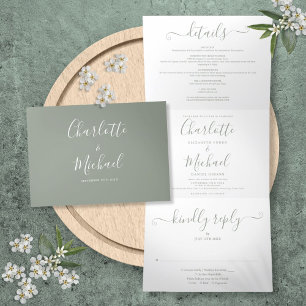Invitación Tríptica Boda con monograma elegante en escritura verde sal