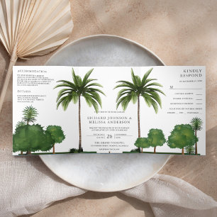 Invitación Tríptica Boda con paisaje tropical exuberante y palmeras
