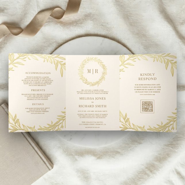 Invitación Tríptica Boda con rama de hoja de oro en crema código QR (Subido por el creador)