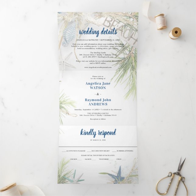 Invitación Tríptica Boda con tema de playa moderna  (Interior)