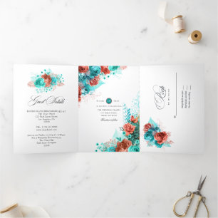 Invitación Tríptica Boda Coral Vivo y Turquesa