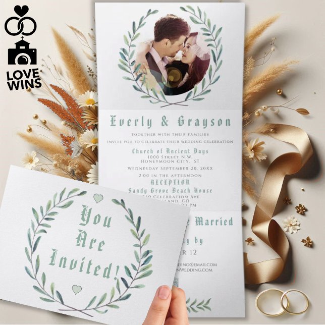 Invitación Tríptica Boda Corona Bohemio Azul y Verde (Subido por el creador)