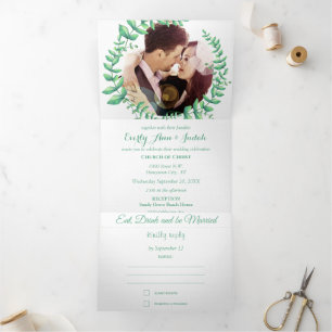 Invitación Tríptica Boda Corona de Hoja Verde Boho Verde Menta Ceniza
