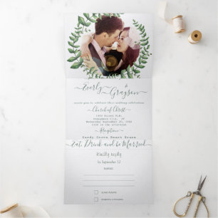 Invitación Tríptica Boda Corona de Olivo Verde Hoja Verde Boho Tri