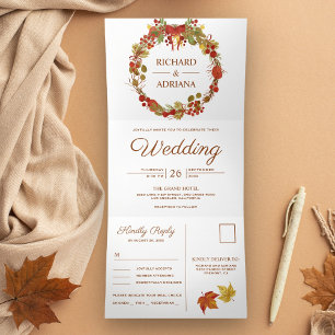 Invitación Tríptica Boda Corona Otoñal Rústica País Hojas