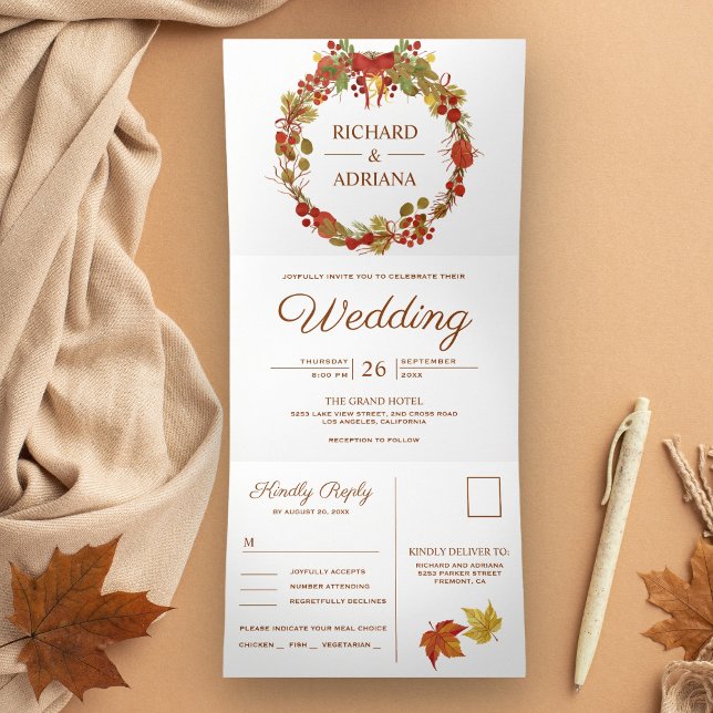 Invitación Tríptica Boda Corona Otoñal Rústica País Hojas (Subido por el creador)