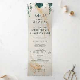 Invitación Tríptica Boda Crema Todo en uno Floral de Rosa Verde Esmera