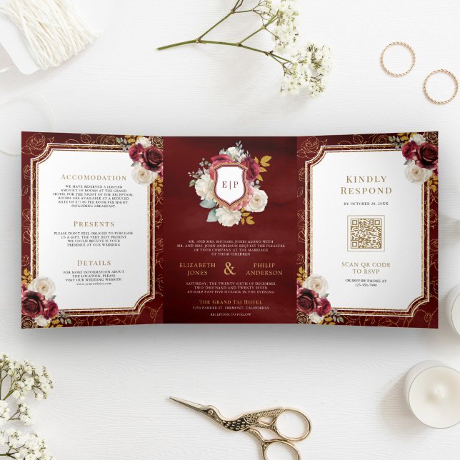 Invitación Tríptica Boda Cresta Floral Rojo Borgoña Todo en Uno (Subido por el creador)