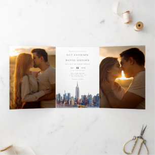 Invitación Tríptica Boda de 3 fotos con código QR de la silueta de Nue