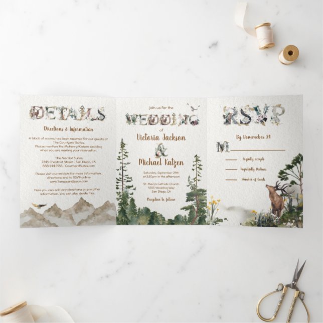 Invitación Tríptica Boda de acuarela en bosque montañoso (Interior)