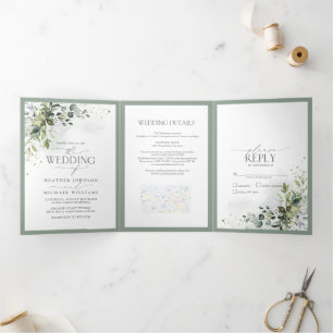Invitación Tríptica Boda de acuarela floral de vegetación botánica