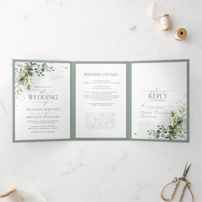 Invitación Tríptica Boda de acuarela floral de vegetación botánica (Interior)