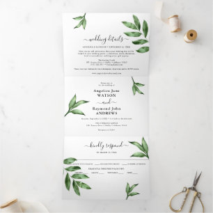 Invitación Tríptica Boda de Acuarela Natural Pintada a Mano con Vegeta