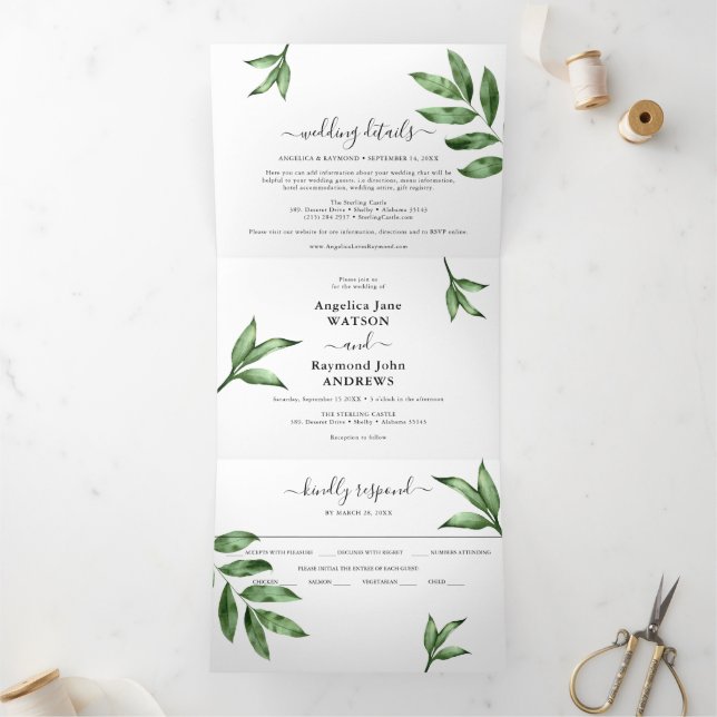 Invitación Tríptica Boda de Acuarela Natural Pintada a Mano con Vegeta (Interior)
