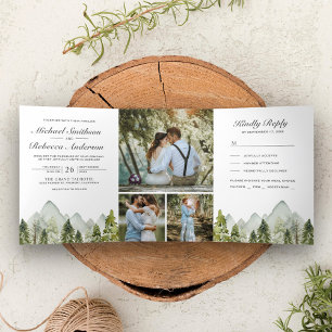 Invitación Tríptica Boda de acuarela rústica de árboles de pino de mon