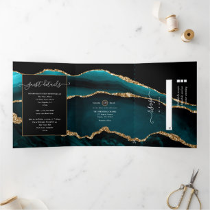 Invitación Tríptica Boda de ágata verde azulado y dorado