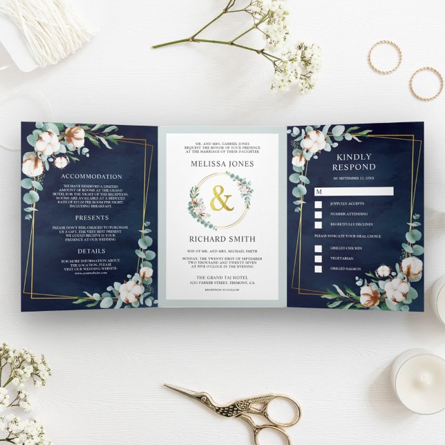 Invitación Tríptica Boda de algodón eucalipto todo en uno azul marino (Subido por el creador)