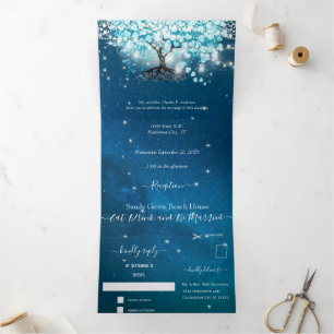 Invitación Tríptica Boda de árbol de hoja de corazón turquesa azul acu
