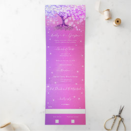 Invitación Tríptica Boda de árbol de hojas de corazón azul rosa morado