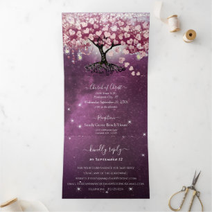 Invitación Tríptica Boda de árbol de hojas de corazón morado de borgoñ