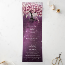 Invitación Tríptica Boda de árbol de hojas de corazón morado de borgoñ