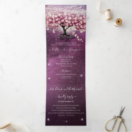 Invitación Tríptica Boda de árbol de hojas de corazón morado de borgoñ