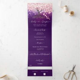 Invitación Tríptica Boda de árbol de hojas de corazón morado y rosa Li