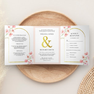 Invitación Tríptica Boda de Arco Floral de Flor de Cerezo Rosa Suave