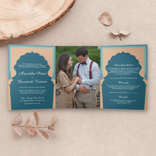 Invitación Tríptica Boda de arco tradicional indio vintage Blue