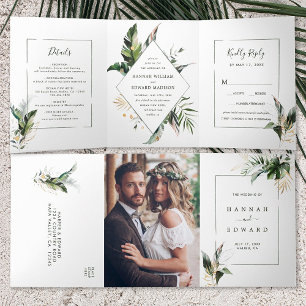 Invitación Tríptica Boda de armazón verde de color de agua tropical