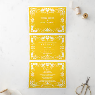 Invitación Tríptica Boda de aves amorosas de papel picado amarillo