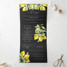 Invitación Tríptica Boda de Blossom de limón de color de agua negro