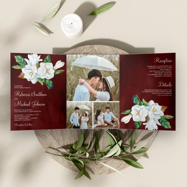 Invitación Tríptica Boda de Borgoña Floral de Magnolia Blanca Rústica (Subido por el creador)