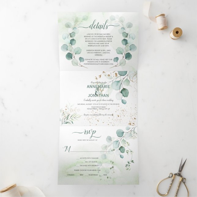 Invitación Tríptica Boda de Botánicos Rustic Sage & Gold Eucalyptus | (Interior)