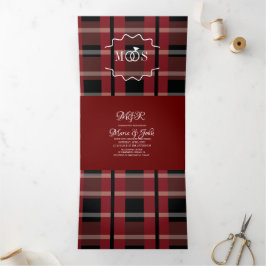 Invitación Tríptica Boda de Burgundy Negro Cuadros Logo de Anillo Blan