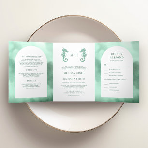 Invitación Tríptica Boda de Caballito de Mar Arco de Espuma Marina Tod