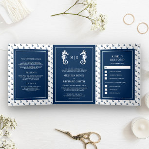 Invitación Tríptica Boda de caballito de mar azul y blanco